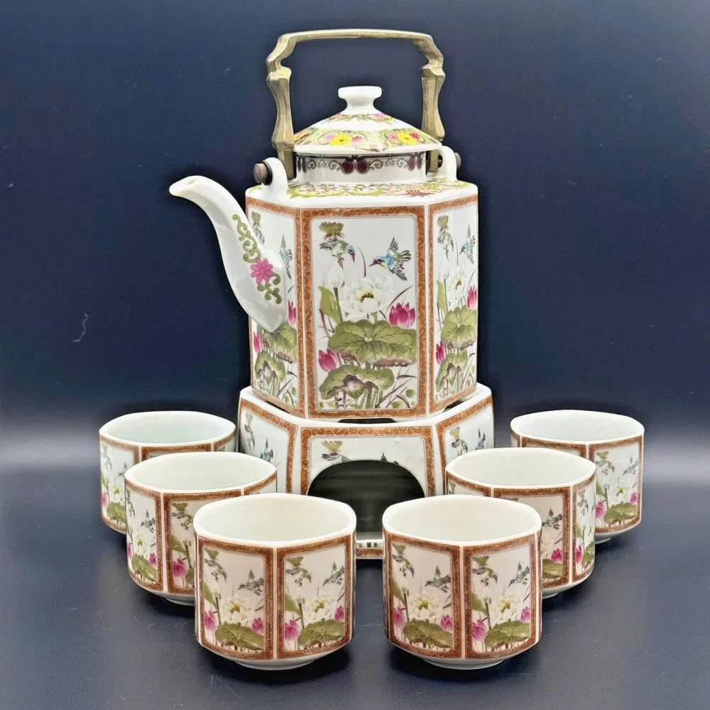 Toyo Ming Lotus Japan Porcelain Tea Warmer Set Teapot 6 Cups Hexagon Chinoiserie